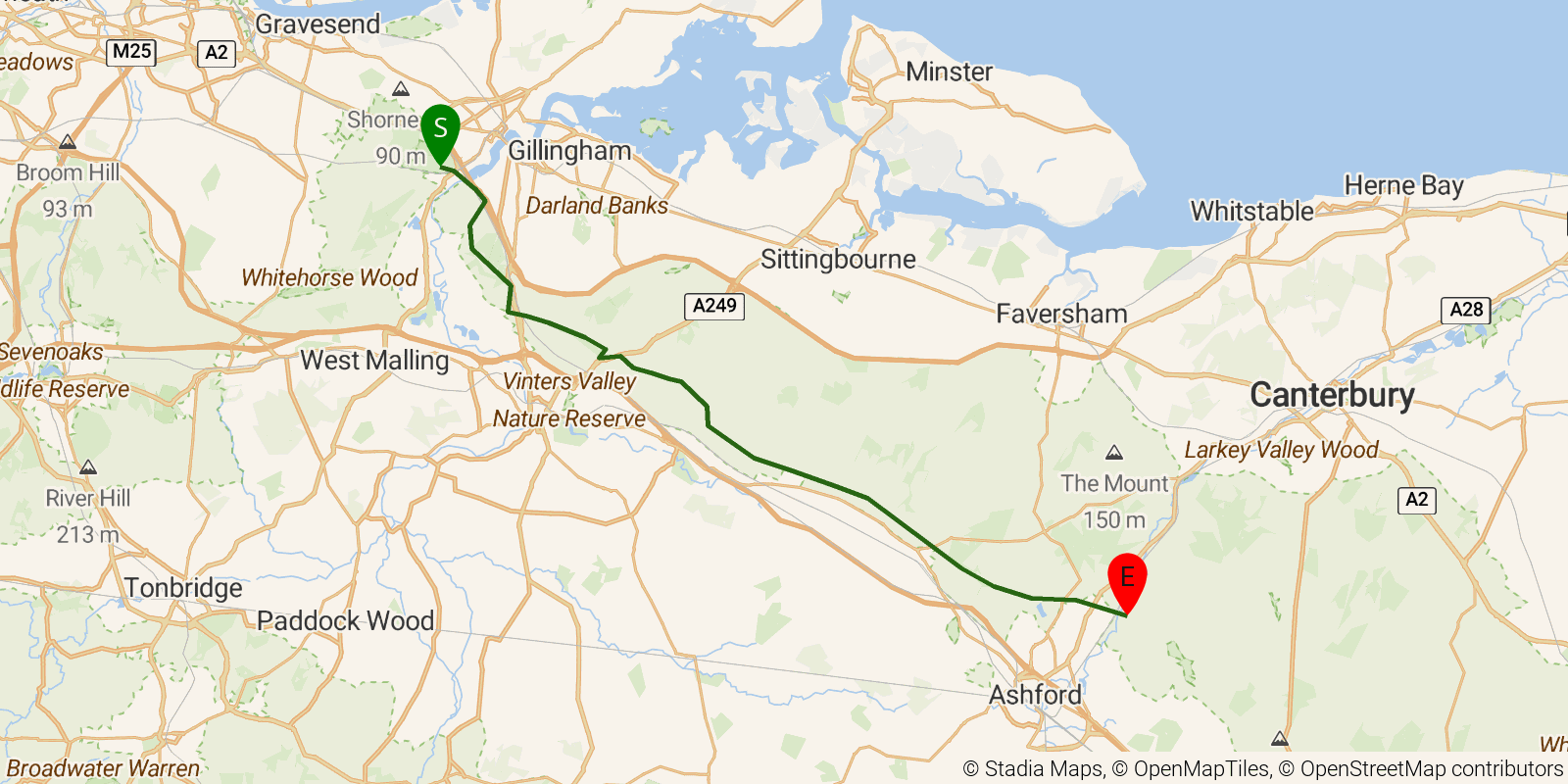 Route map of the North Downs Way — Sections 7–9: Cuxton to Wye on OpenStreetMap terrain