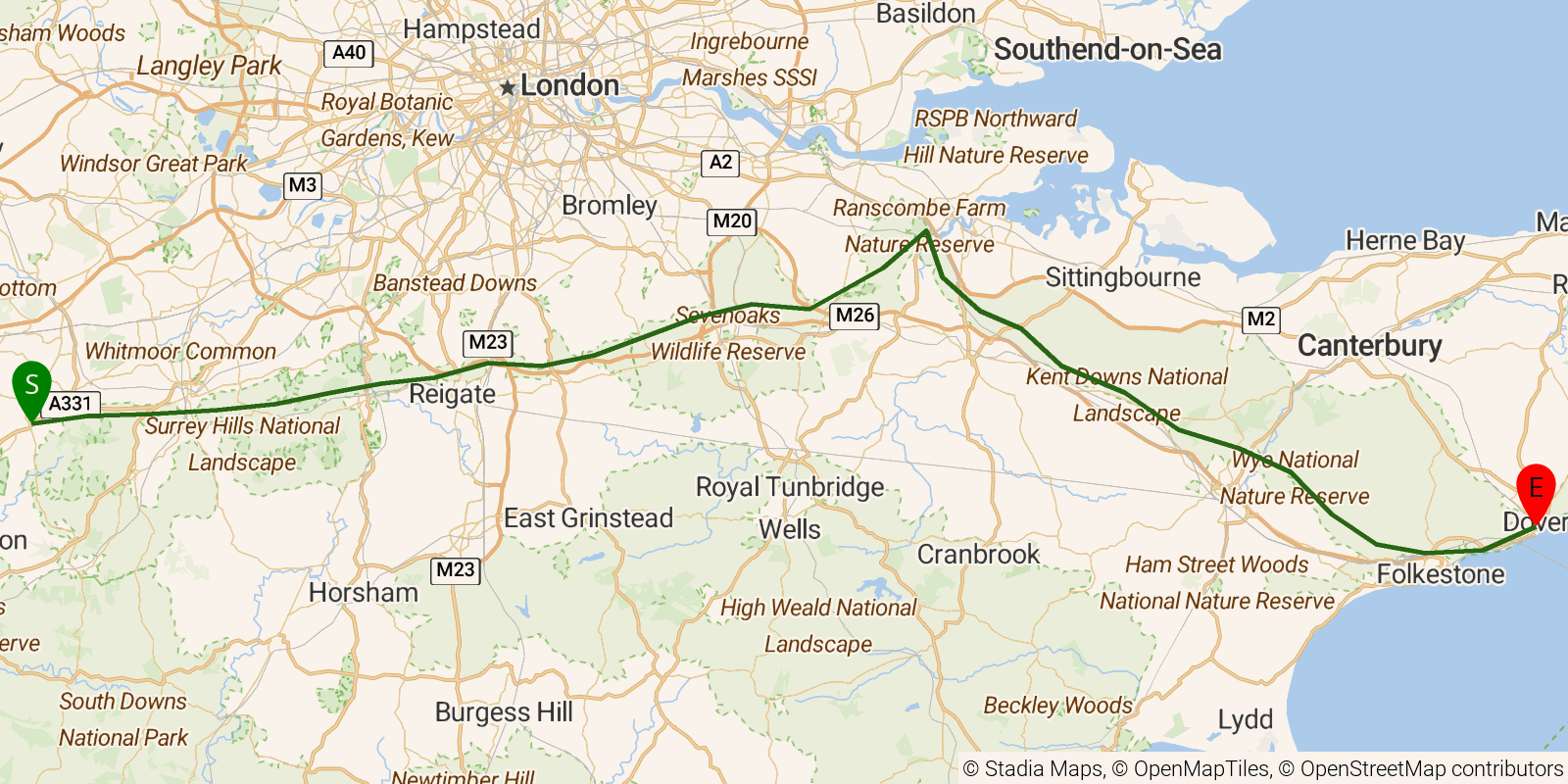 Route map of the North Downs Way on OpenStreetMap terrain