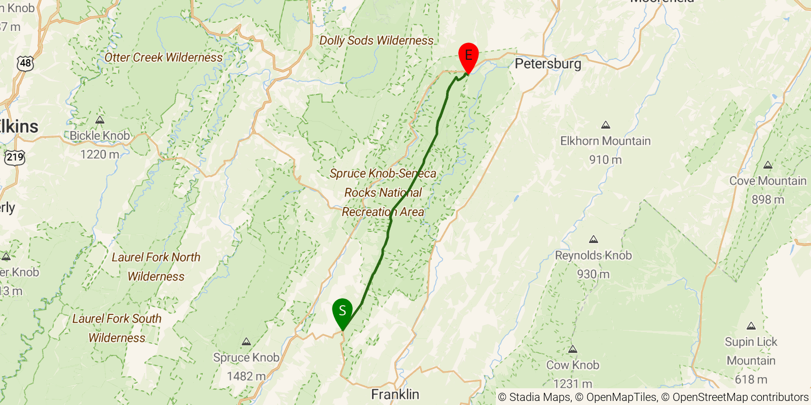 Route map of the North Fork Mountain Trail on OpenStreetMap terrain