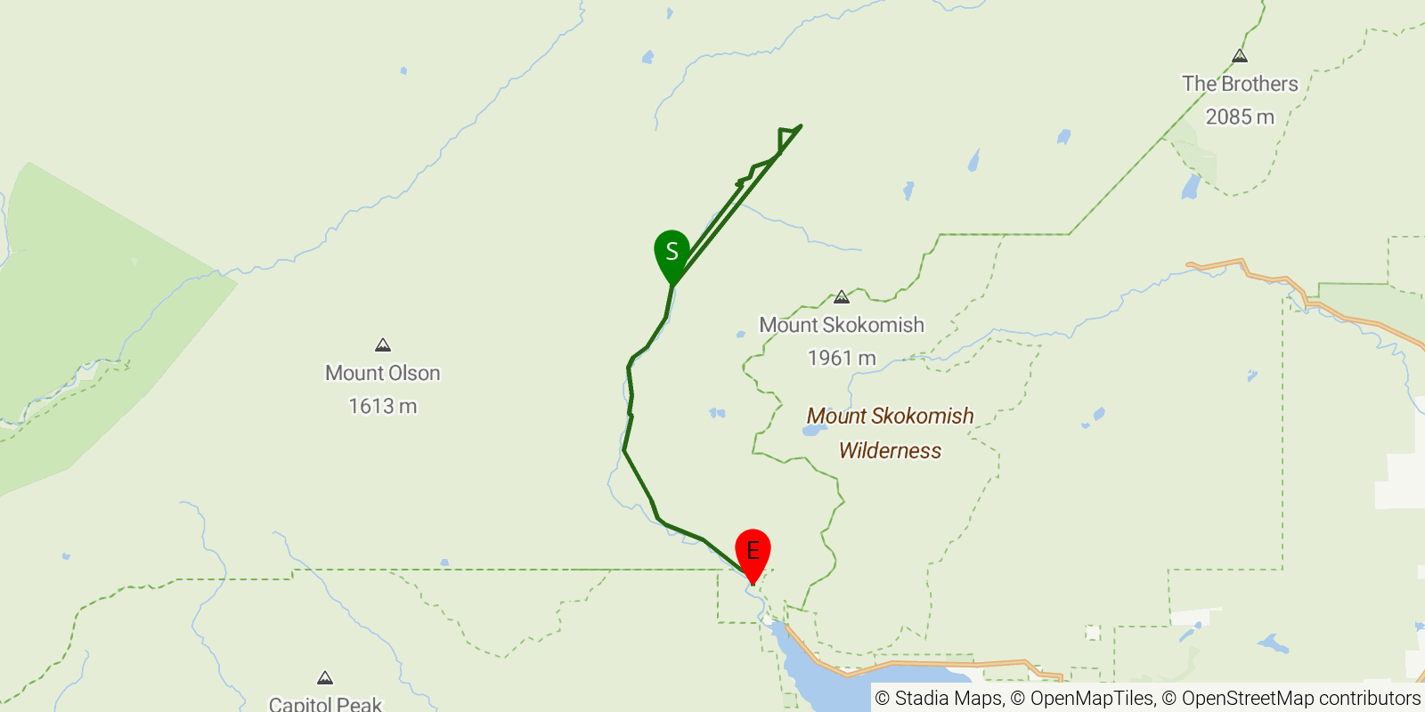 Route map of the North Fork Skokomish Trail on OpenStreetMap terrain