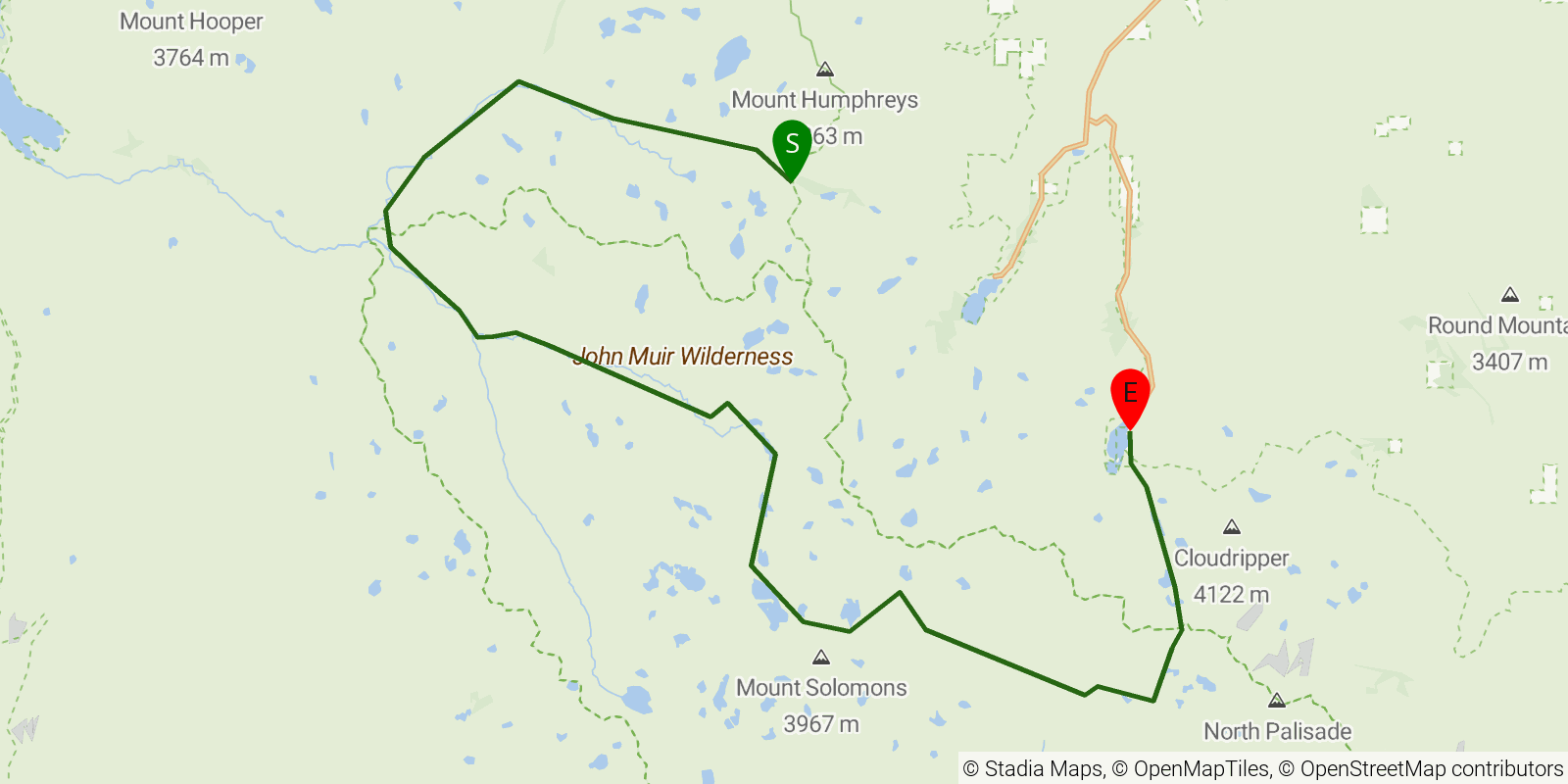 Route map of the North Lake–South Lake Loop (Evolution Loop) on OpenStreetMap terrain