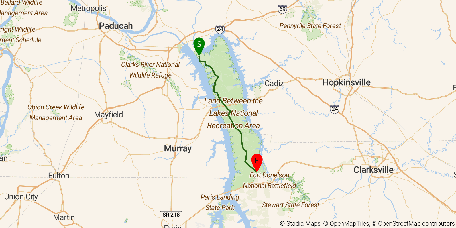 Route map of the North/South Trail (Land Between the Lakes) on OpenStreetMap terrain