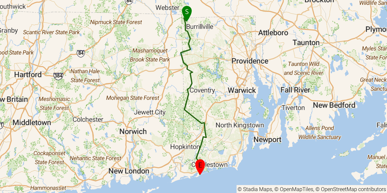 Route map of the North South Trail on OpenStreetMap terrain
