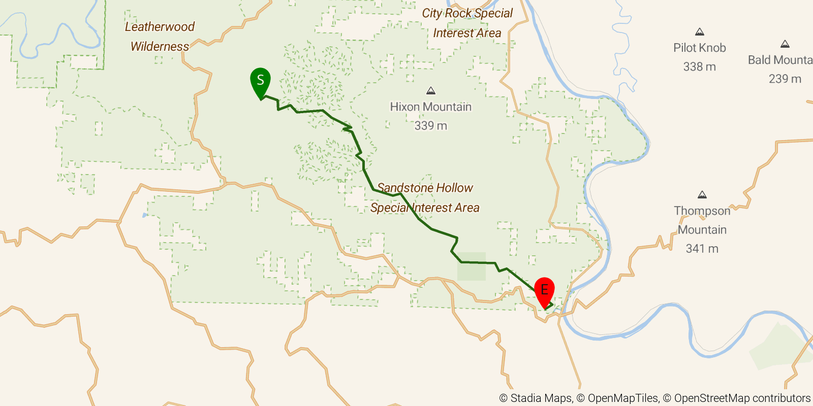 Route map of the North Sylamore Creek Trail on OpenStreetMap terrain