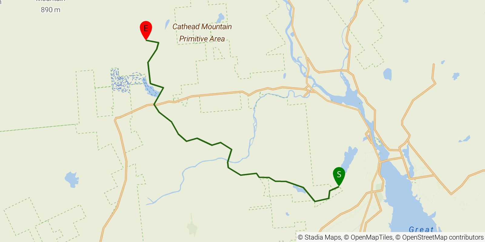 Route map of the Northville–Placid Trail — Section 1: Northville to Benson on OpenStreetMap terrain