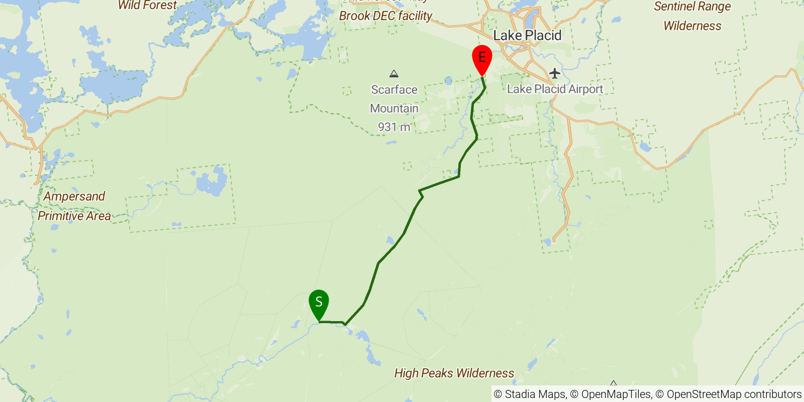 Route map of the Northville–Placid Trail — Section 10: Duck Hole to Lake Placid on OpenStreetMap terrain