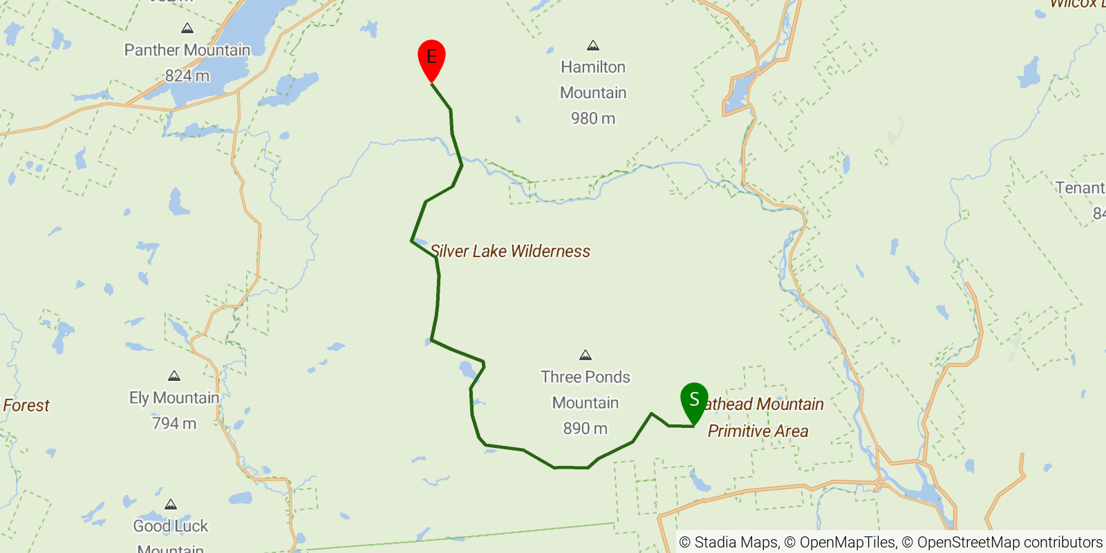 Route map of the Northville–Placid Trail — Section 2: Benson to Whitehouse on OpenStreetMap terrain