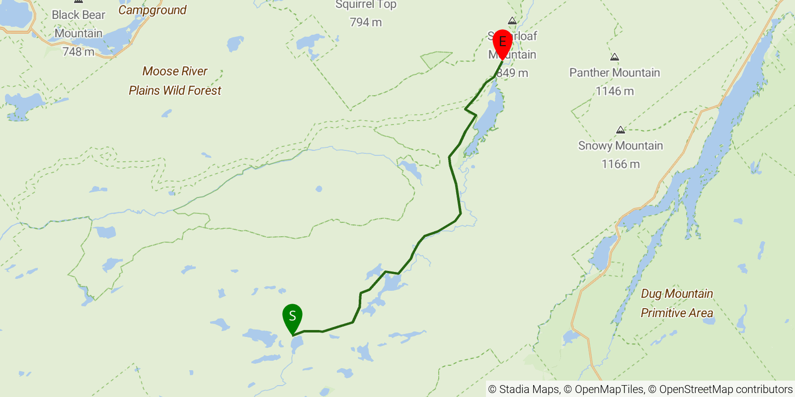 Route map of the Northville–Placid Trail — Section 5: West Canada Lakes to Wakely Dam on OpenStreetMap terrain