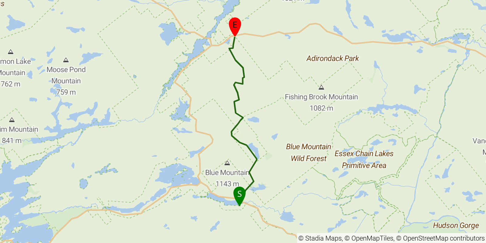 Route map of the Northville–Placid Trail — Section 7: Lake Durant to Long Lake on OpenStreetMap terrain
