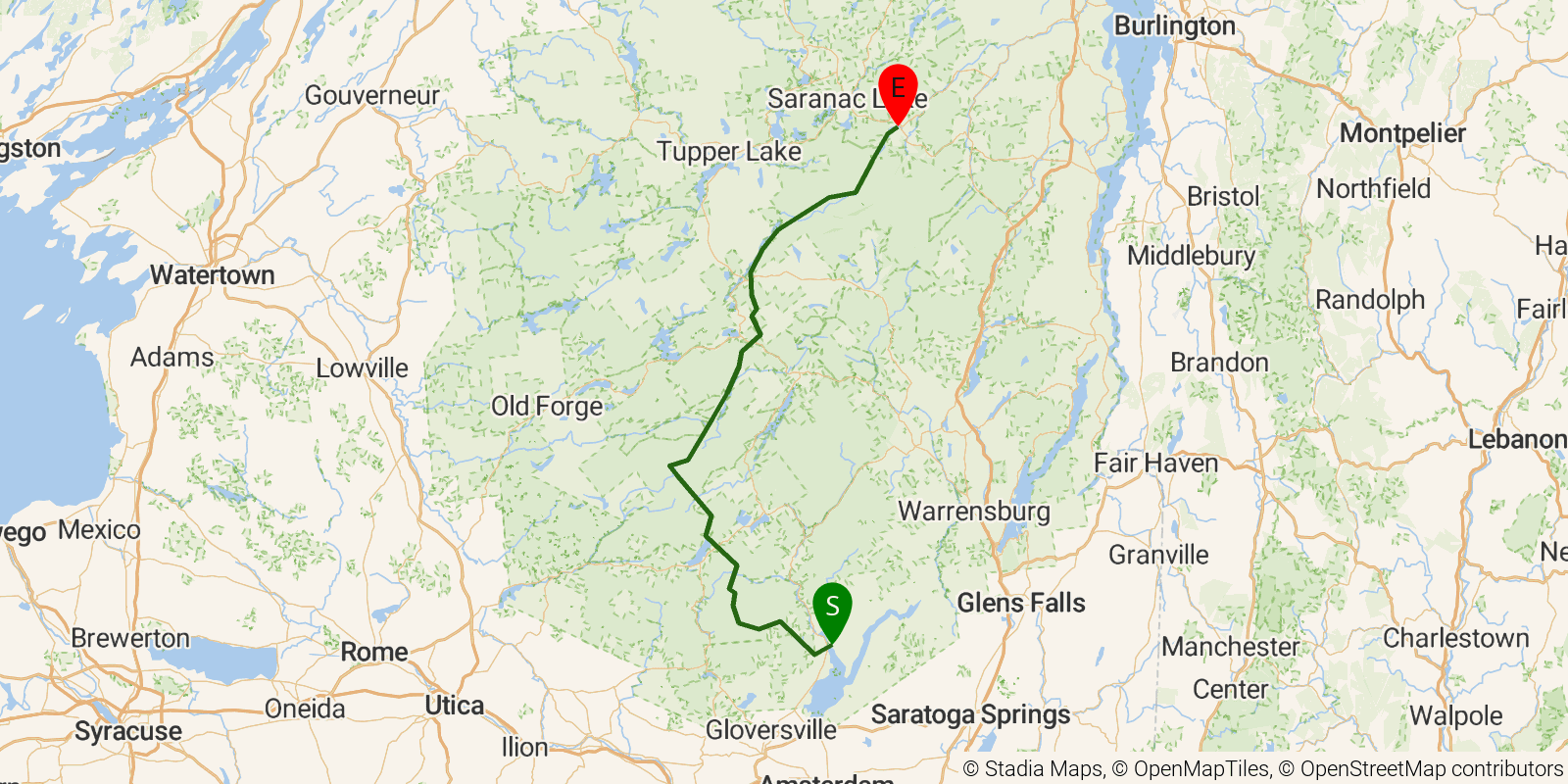 Route map of the Northville-Placid Trail on OpenStreetMap terrain