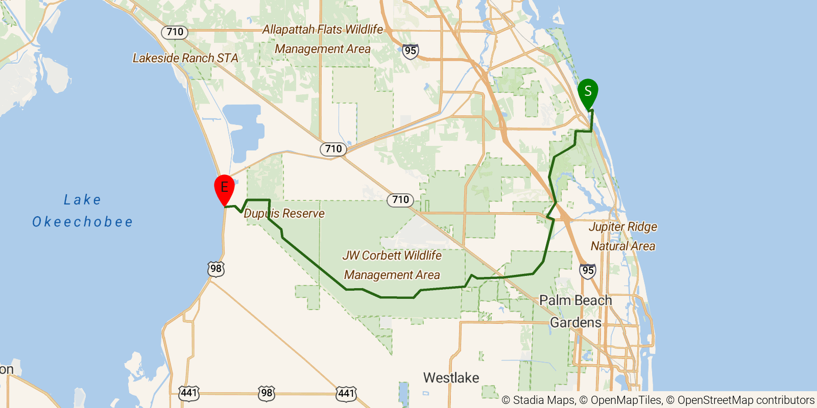 Route map of the Ocean to Lake Hiking Trail on OpenStreetMap terrain