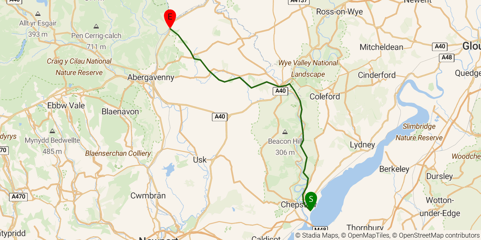 Route map of the Offa's Dyke Path — Sections 1–2: Sedbury Cliffs to Pandy on OpenStreetMap terrain