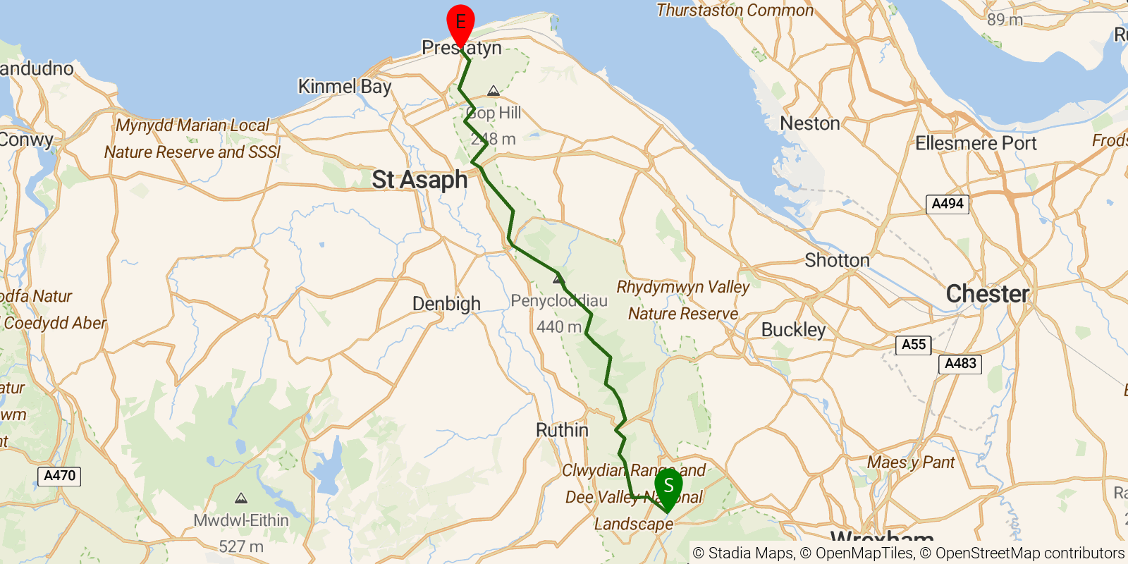 Route map of the Offa's Dyke Path — Sections 11–12: Llandegla to Prestatyn on OpenStreetMap terrain