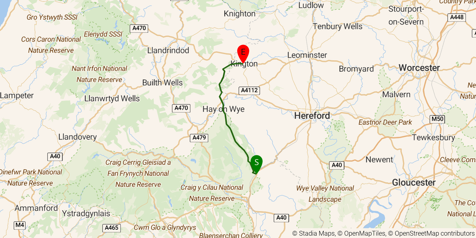 Route map of the Offa's Dyke Path — Sections 3–4: Pandy to Kington on OpenStreetMap terrain