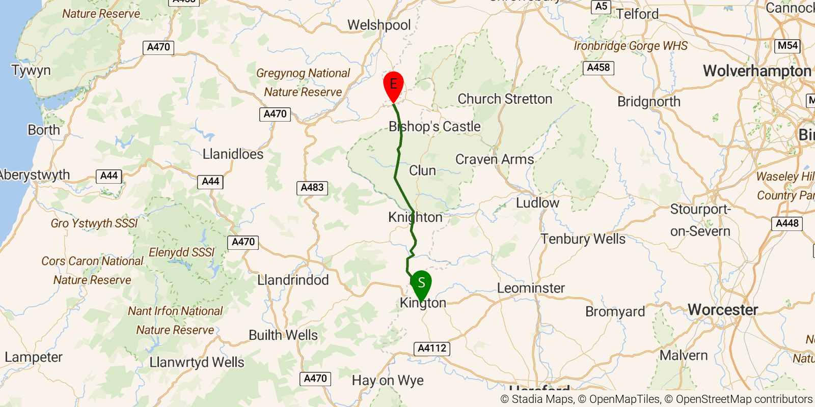 Route map of the Offa's Dyke Path — Sections 5–6: Kington to Brompton Crossroads on OpenStreetMap terrain