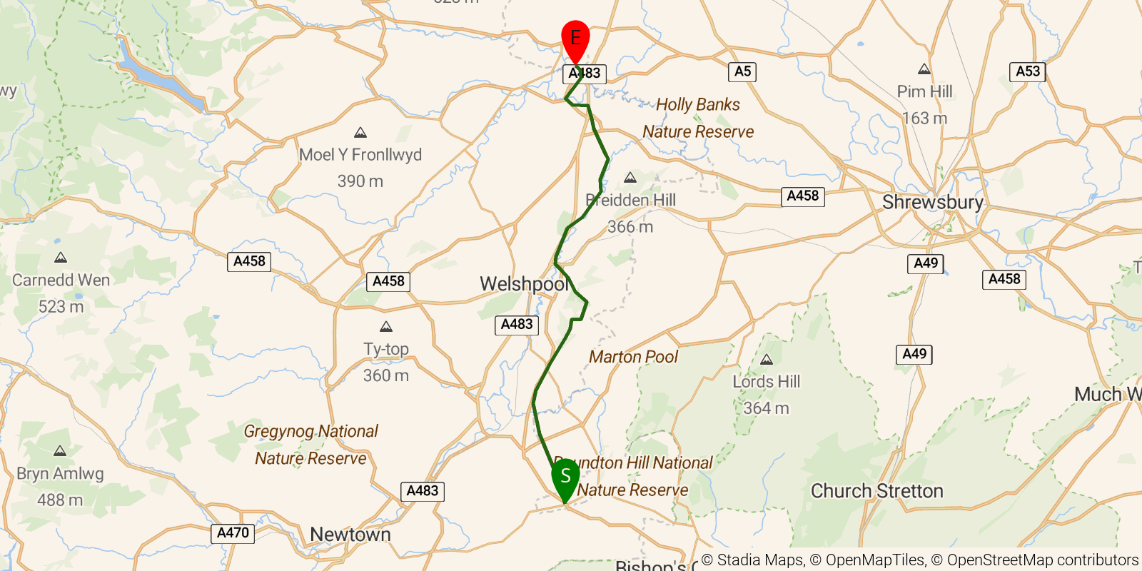 Route map of the Offa's Dyke Path — Sections 7–8: Brompton Crossroads to Llanymynech on OpenStreetMap terrain