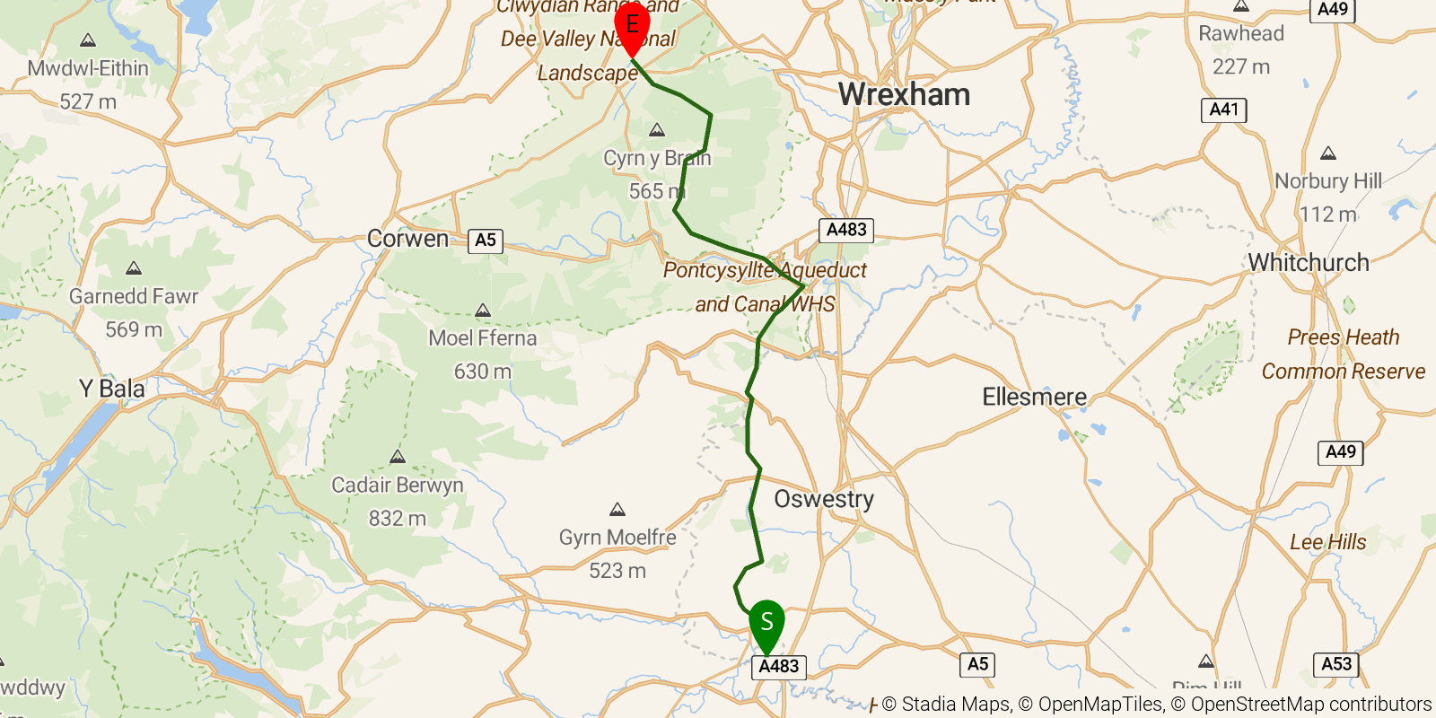 Route map of the Offa's Dyke Path — Sections 9–10: Llanymynech to Llandegla on OpenStreetMap terrain