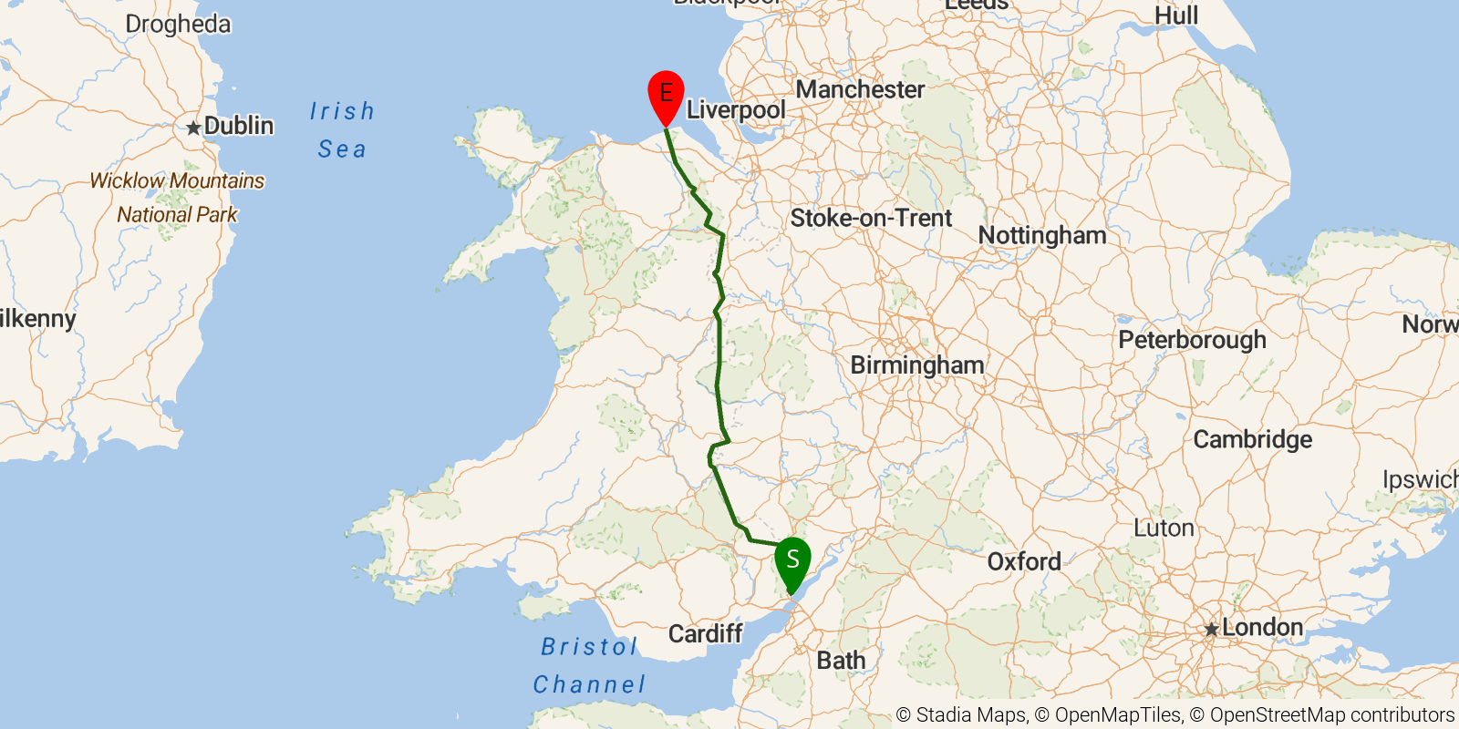 Route map of the Offa's Dyke Path on OpenStreetMap terrain