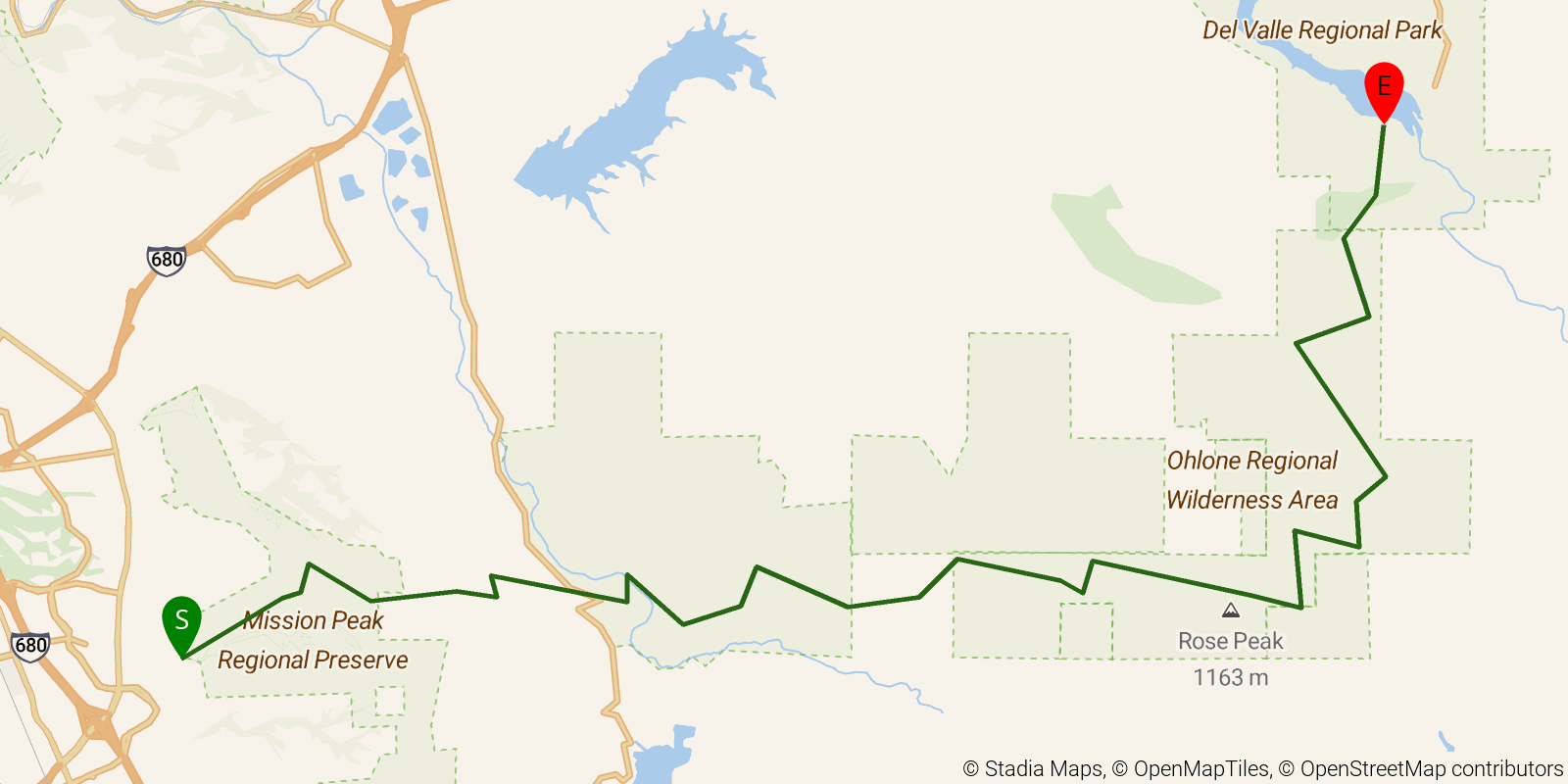 Route map of the Ohlone Wilderness Trail on OpenStreetMap terrain