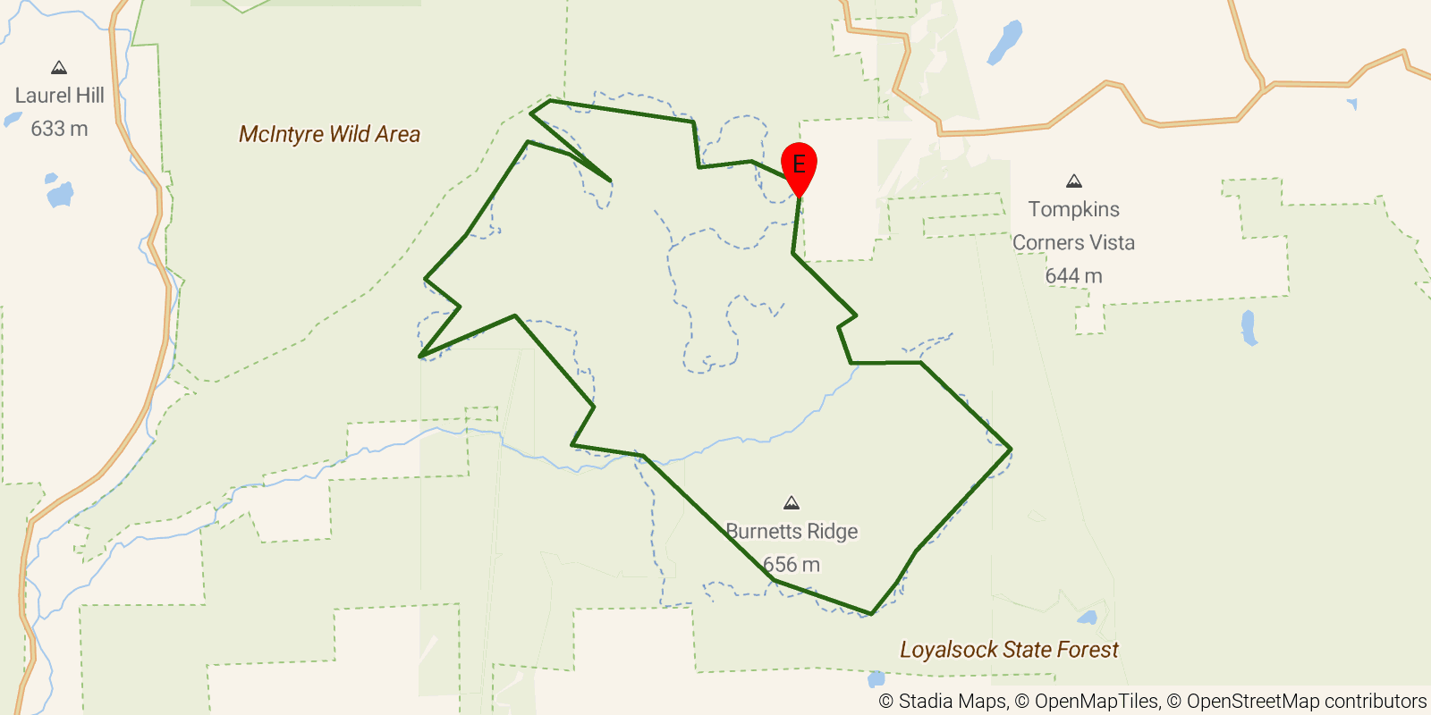 Route map of the Old Loggers Path on OpenStreetMap terrain