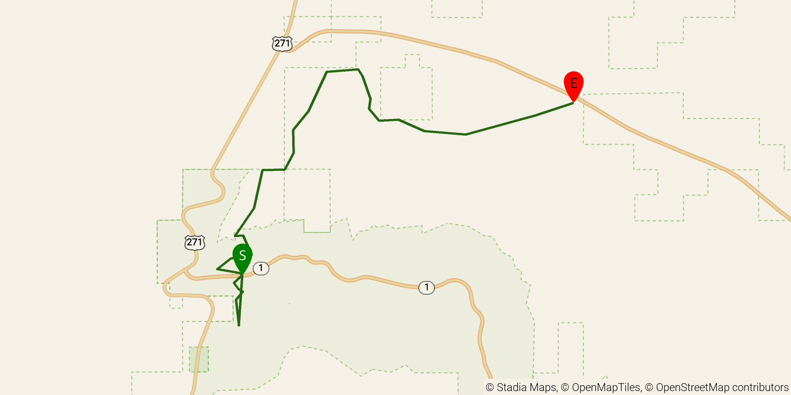 Route map of the Old Military Road Trail on OpenStreetMap terrain