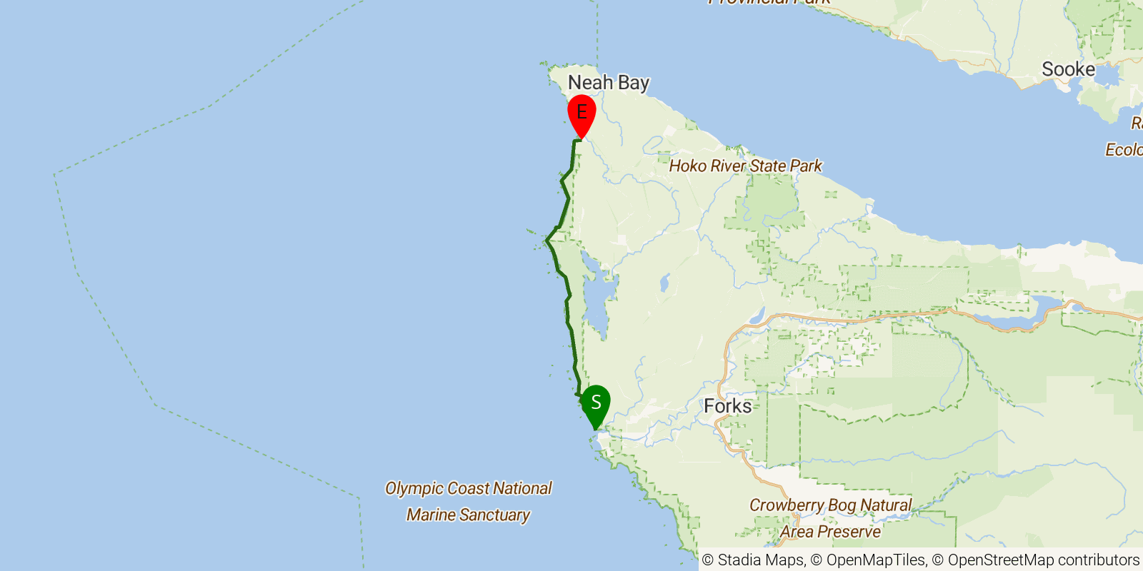 Route map of the Olympic North Coast Wilderness on OpenStreetMap terrain