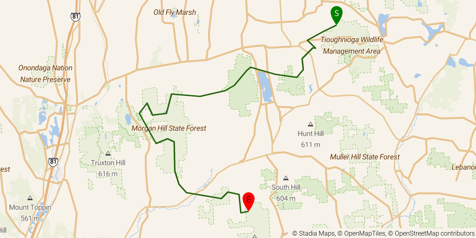 Route map of the Onondaga Trail on OpenStreetMap terrain