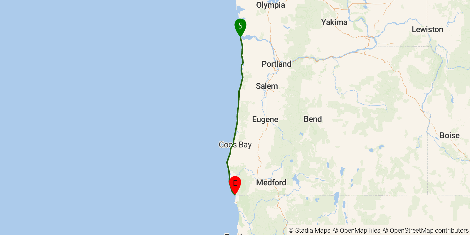 Route map of the Oregon Coast Trail on OpenStreetMap terrain