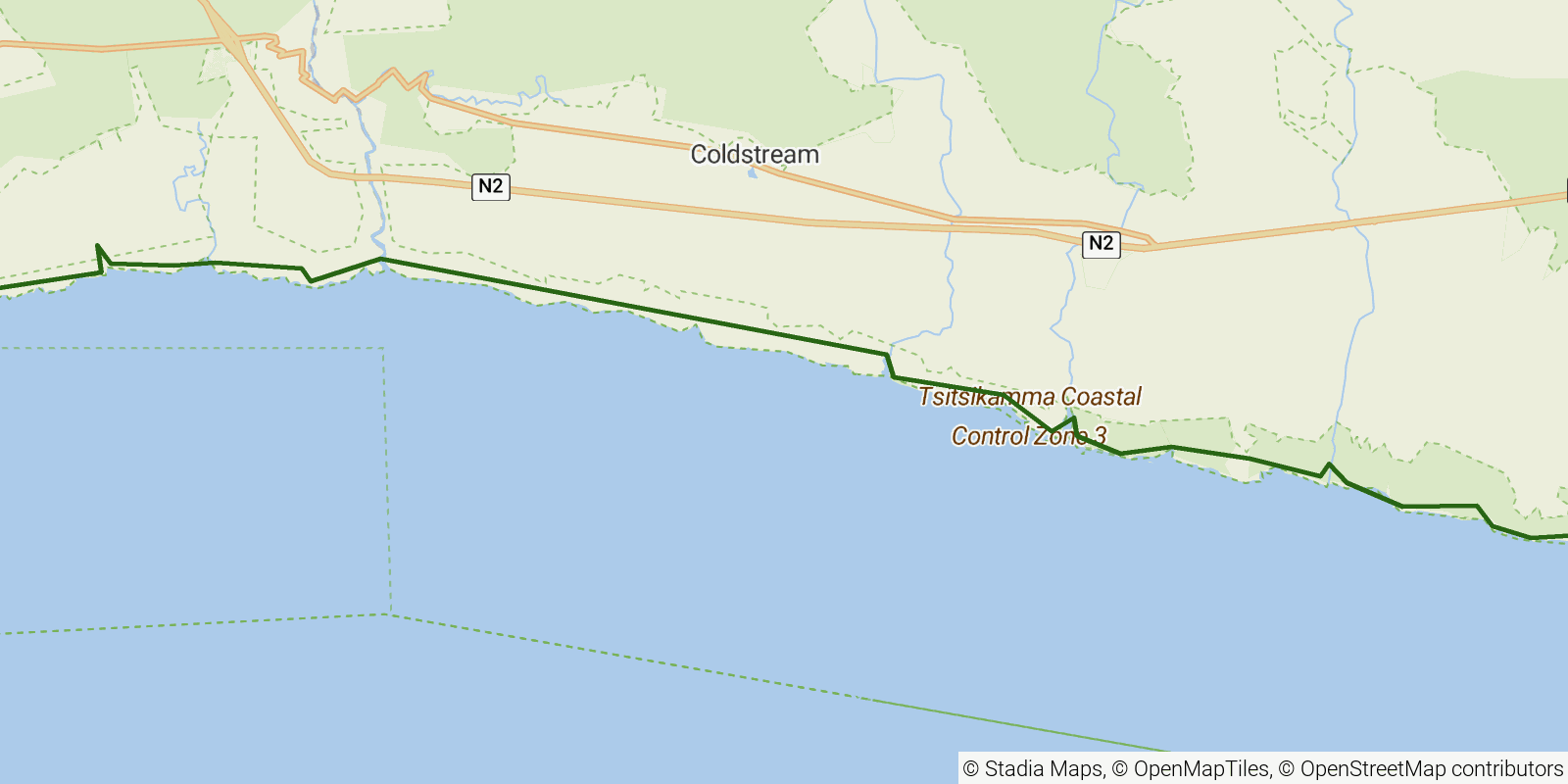 Route map of the Otter Trail on OpenStreetMap terrain