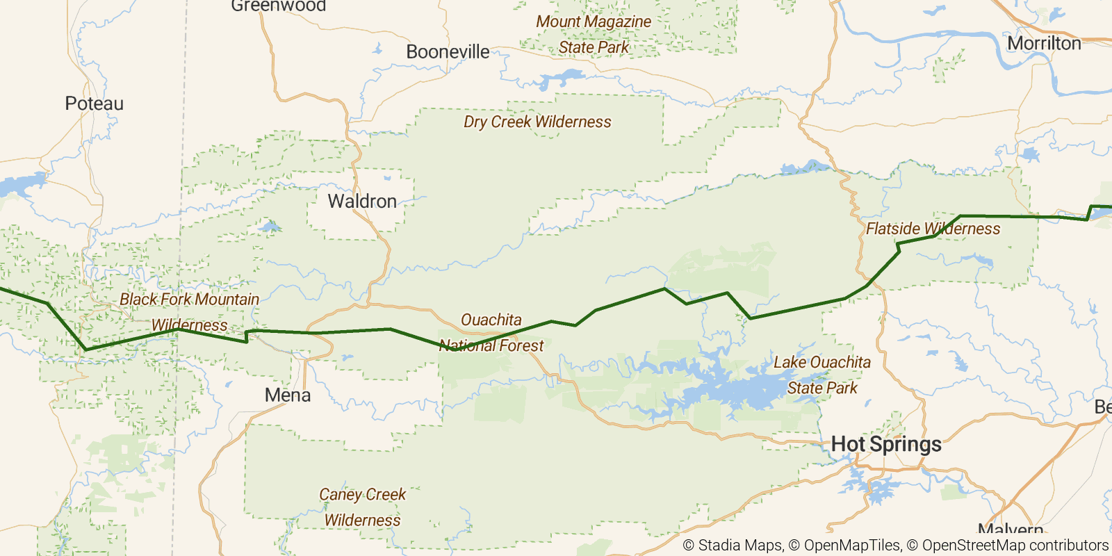 Route map of the Ouachita National Recreation Trail on OpenStreetMap terrain