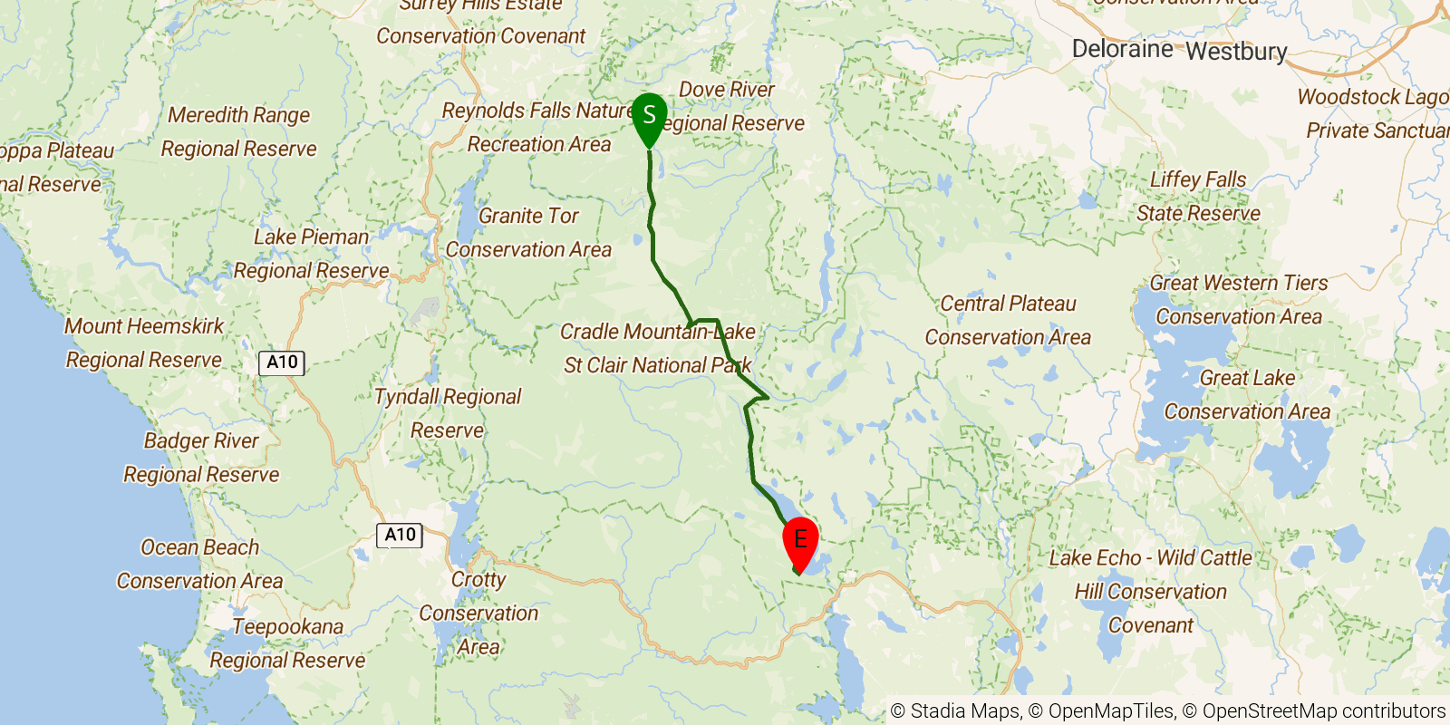Route map of the Overland Track on OpenStreetMap terrain