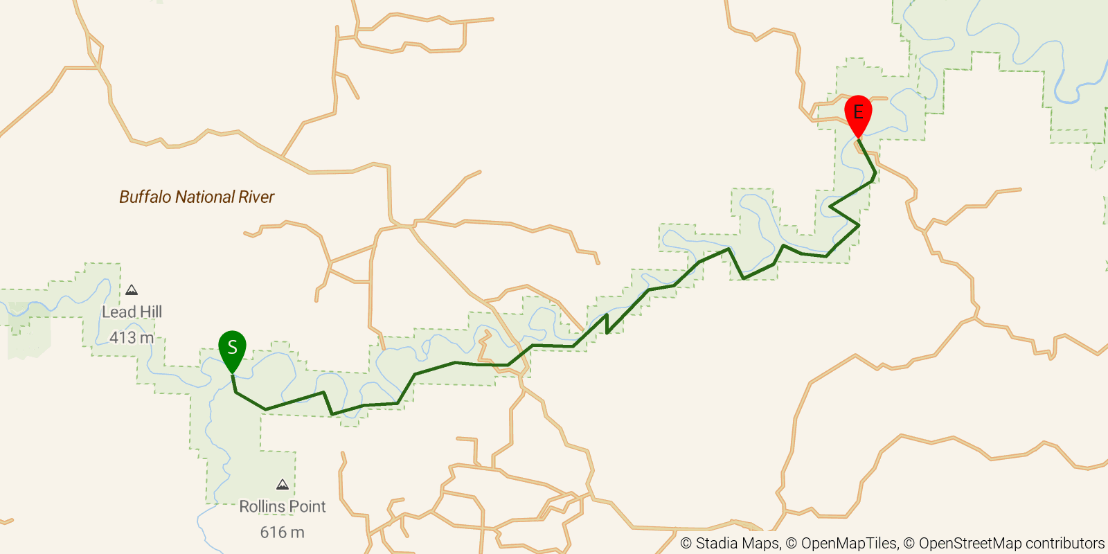 Route map of the Ozark Highlands Trail — Section 10: Buffalo River (Woolum Ford to Dillard's Ferry) on OpenStreetMap terrain