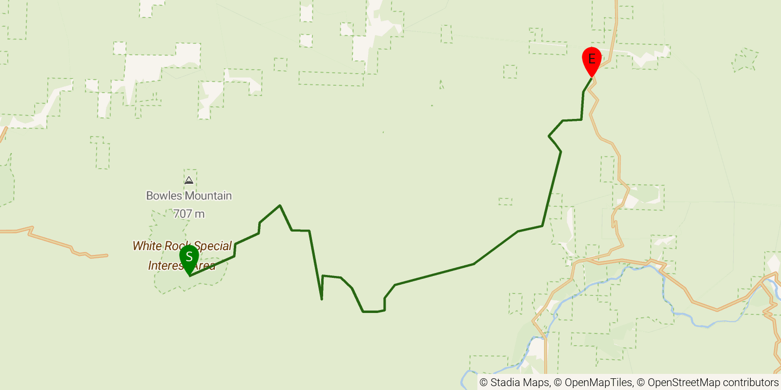 Route map of the Ozark Highlands Trail — Section 2: White Rock Mountain to Cherry Bend on OpenStreetMap terrain