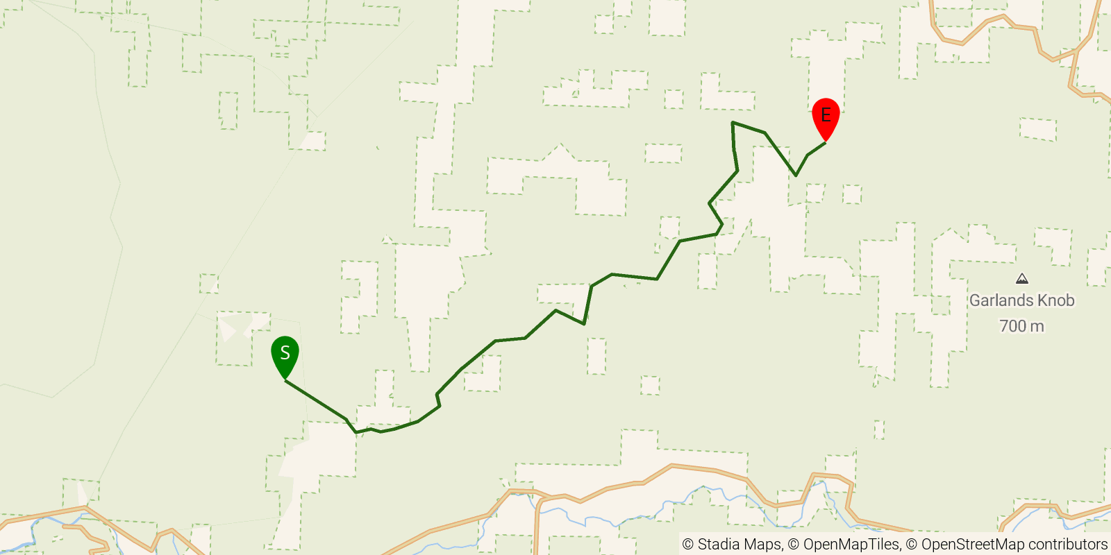 Route map of the Ozark Highlands Trail — Section 4: Lick Branch to Arbaugh Road on OpenStreetMap terrain