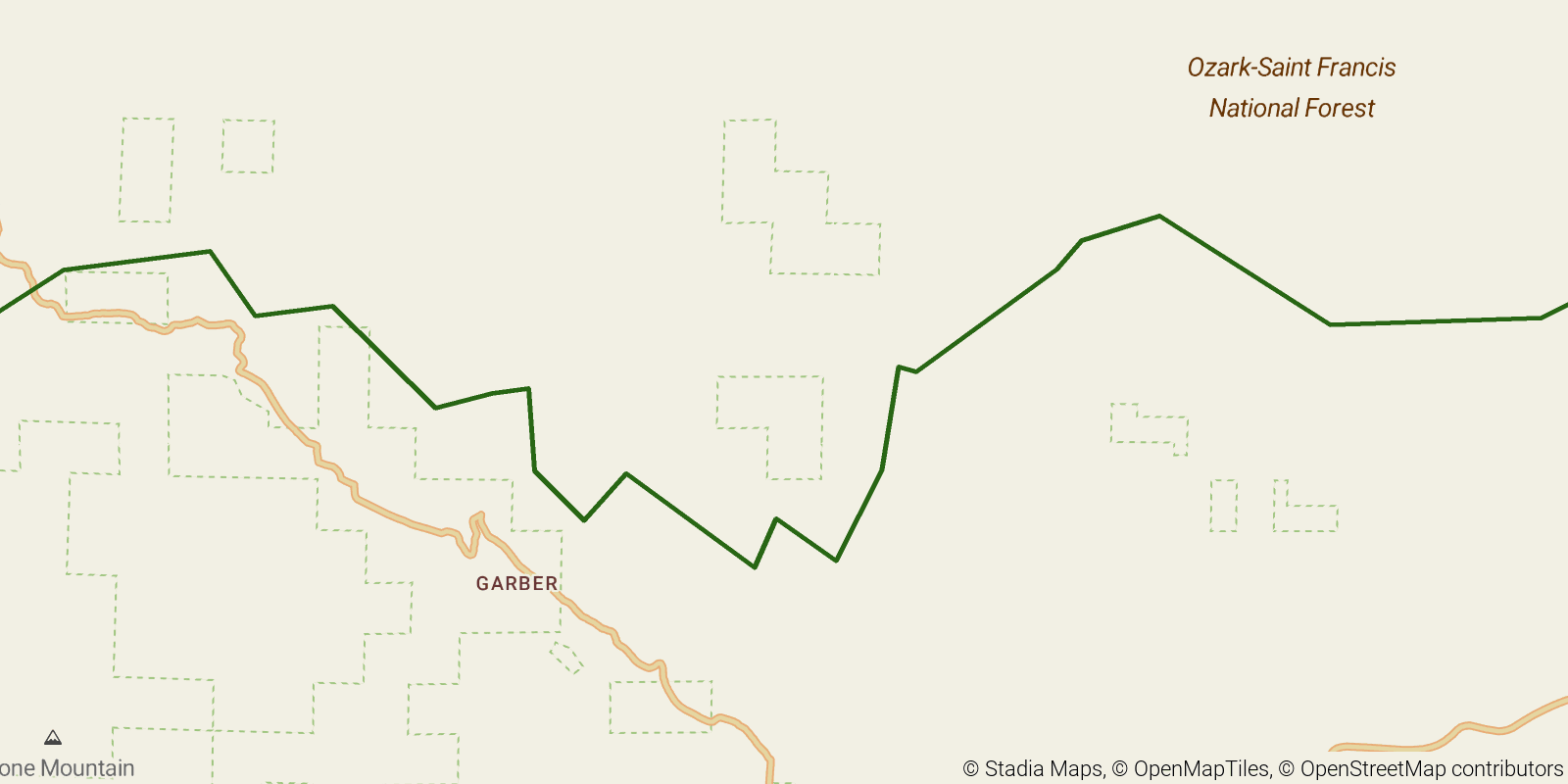 Route map of the Ozark Highlands Trail — Section 6: Ozone Campground to Fort Douglas on OpenStreetMap terrain