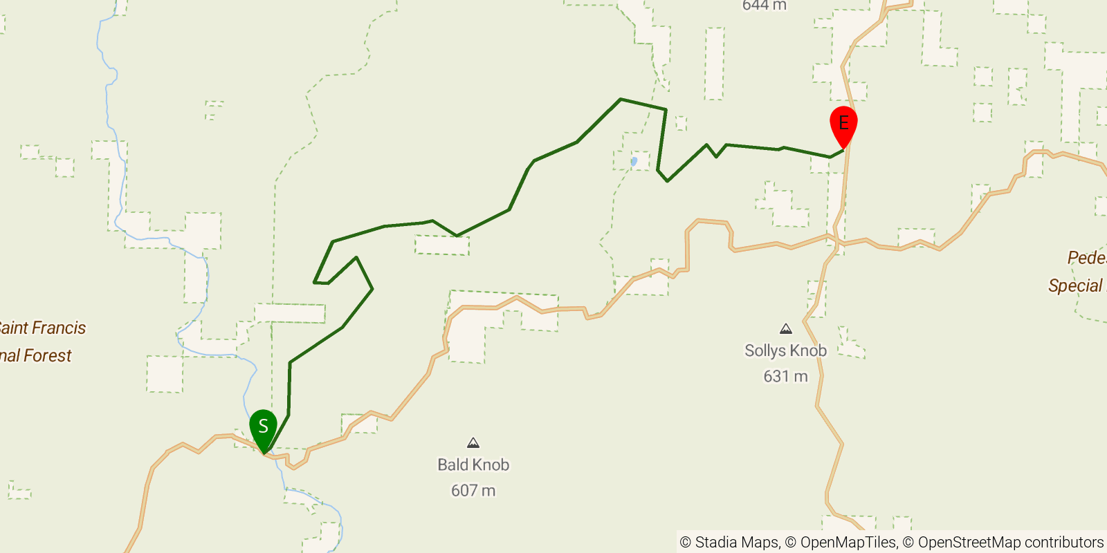 Route map of the Ozark Highlands Trail — Section 7: Fort Douglas to Fairview Campground on OpenStreetMap terrain