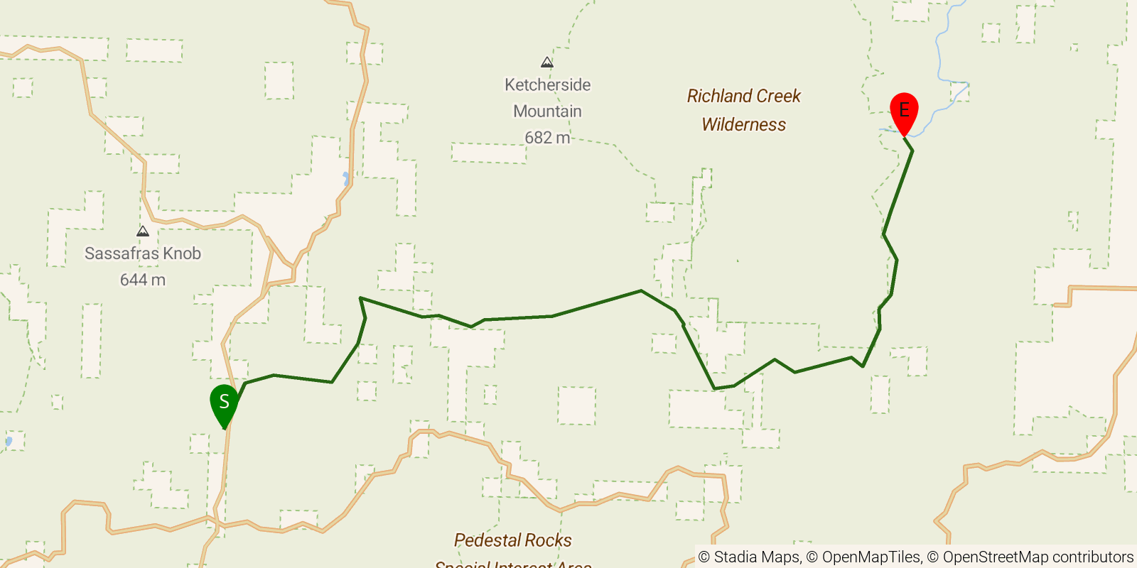 Route map of the Ozark Highlands Trail — Section 8: Fairview Campground to Richland Creek Campground on OpenStreetMap terrain