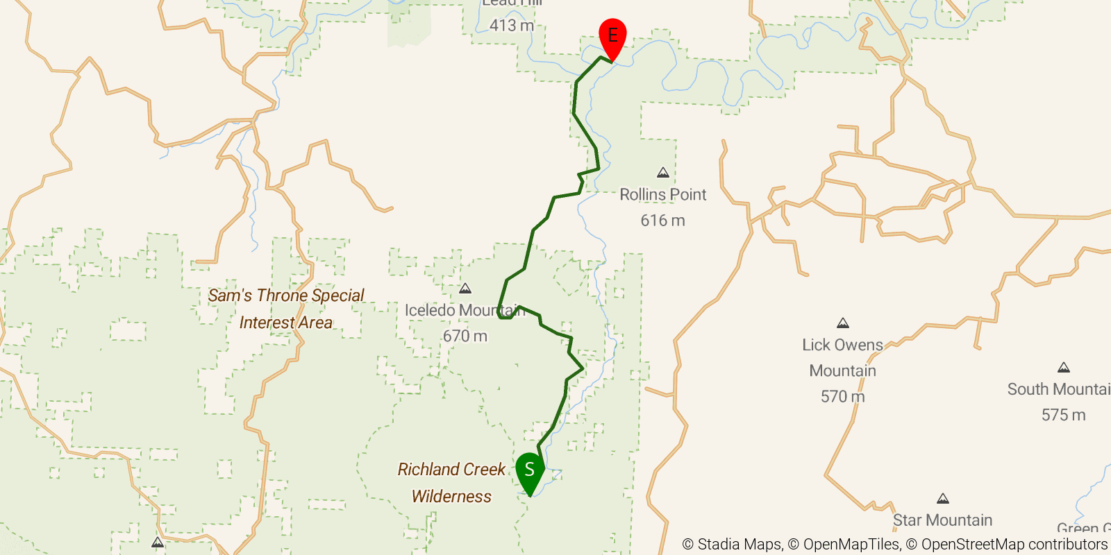 Route map of the Ozark Highlands Trail — Section 9: Richland Creek Campground to Woolum Ford on OpenStreetMap terrain