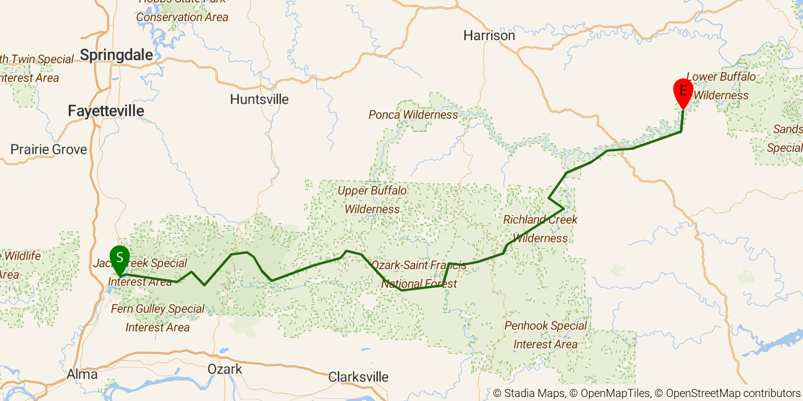Route map of the Ozark Highlands Trail on OpenStreetMap terrain