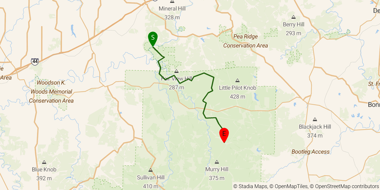 Route map of the Ozark Trail — Section 1: Courtois on OpenStreetMap terrain
