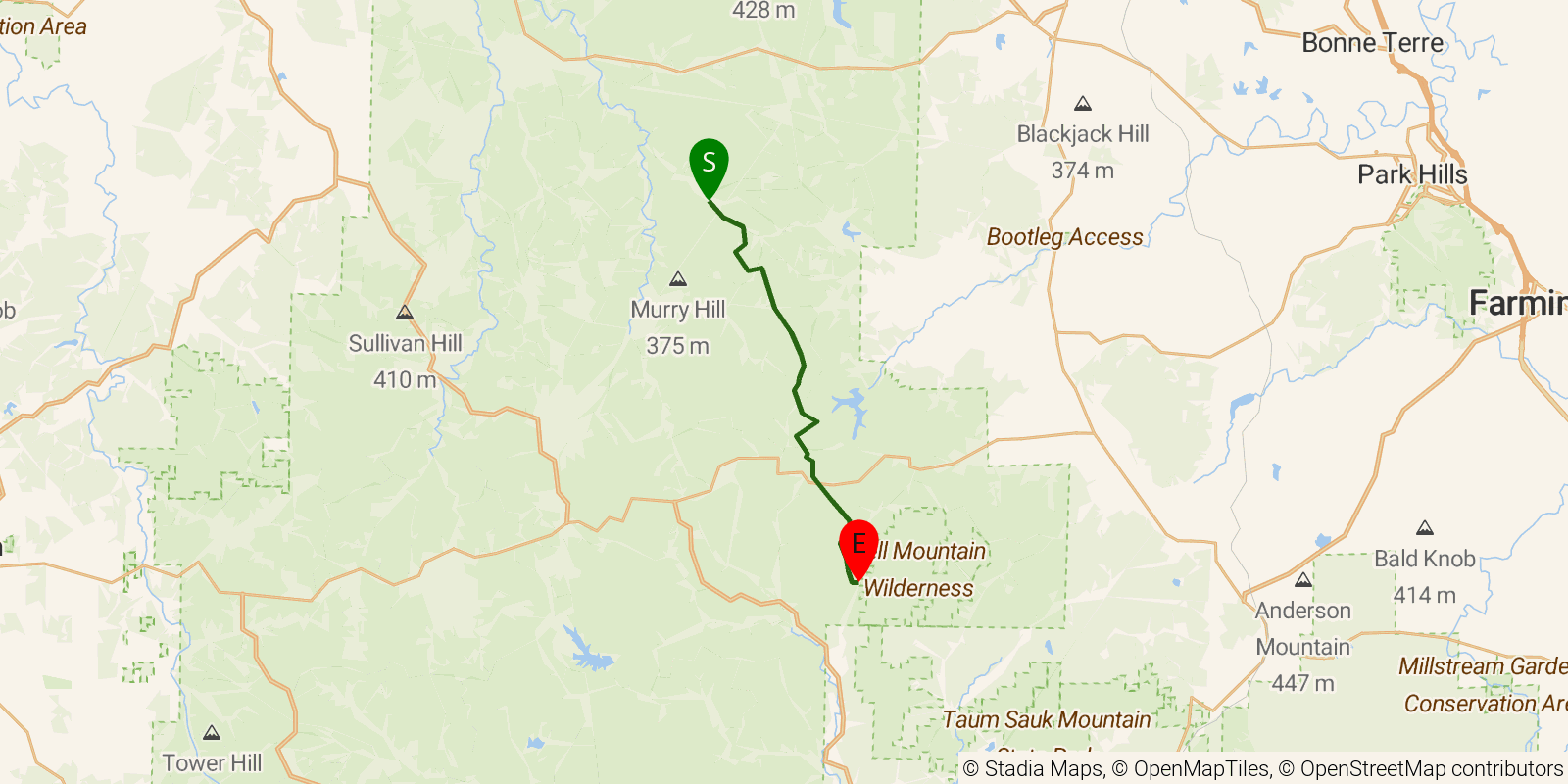 Route map of the Ozark Trail — Section 2: Trace Creek on OpenStreetMap terrain