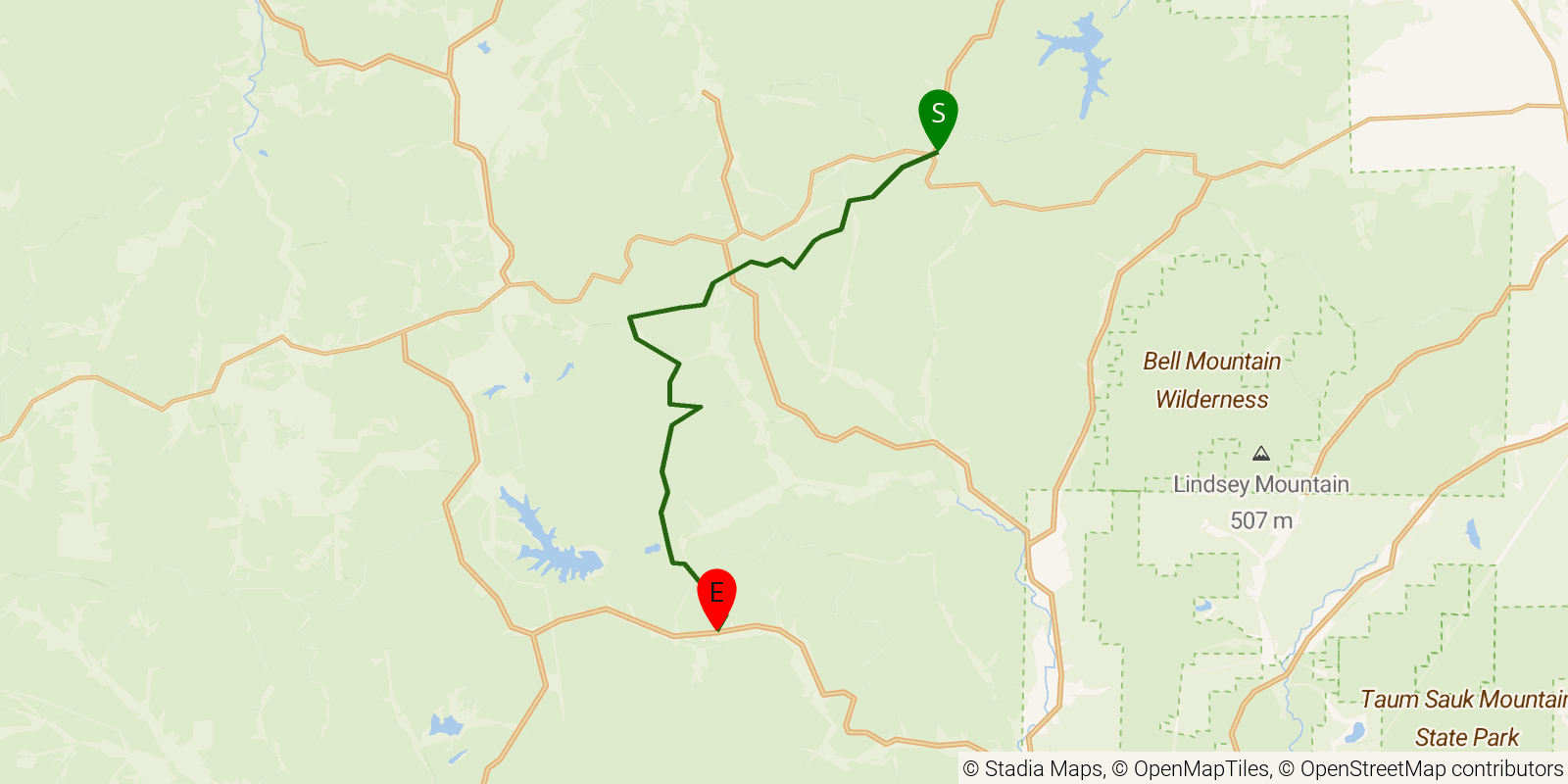 Route map of the Ozark Trail — Section 3: Middle Fork on OpenStreetMap terrain