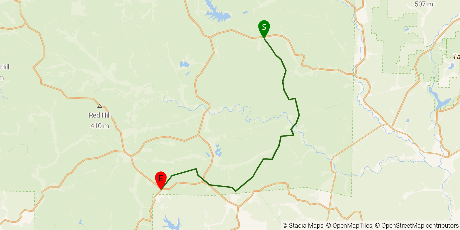 Route map of the Ozark Trail — Section 4: Karkaghne on OpenStreetMap terrain