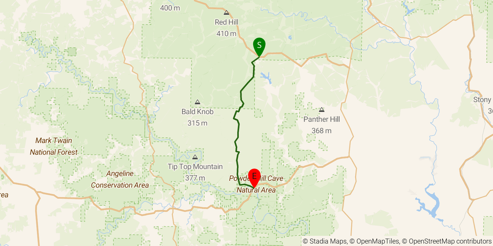 Route map of the Ozark Trail — Section 5: Blair Creek on OpenStreetMap terrain