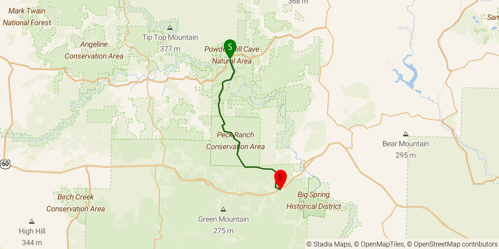 Route map of the Ozark Trail — Section 6: Current River on OpenStreetMap terrain