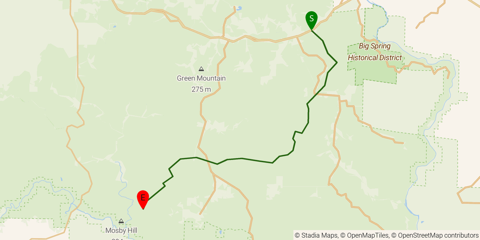 Route map of the Ozark Trail — Section 7: Between the Rivers on OpenStreetMap terrain
