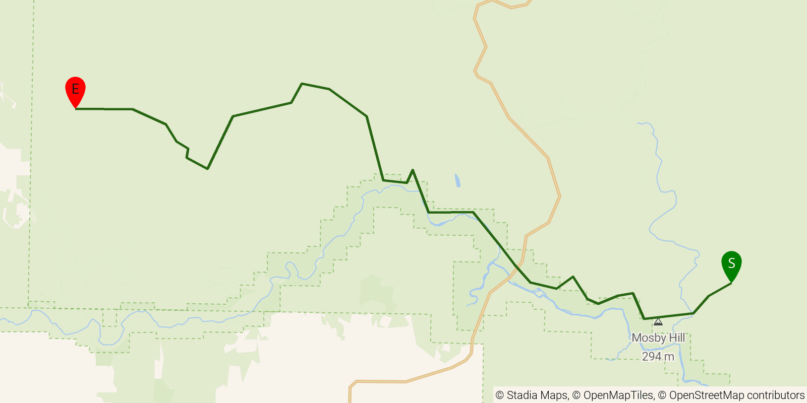 Route map of the Ozark Trail — Section 8: Eleven Point on OpenStreetMap terrain