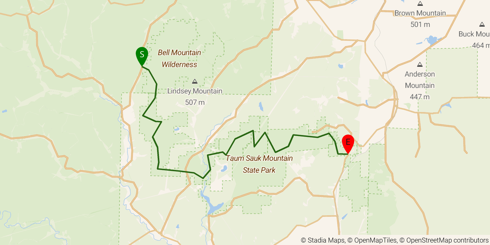 Route map of the Ozark Trail — Section Taum Sauk: Taum Sauk on OpenStreetMap terrain