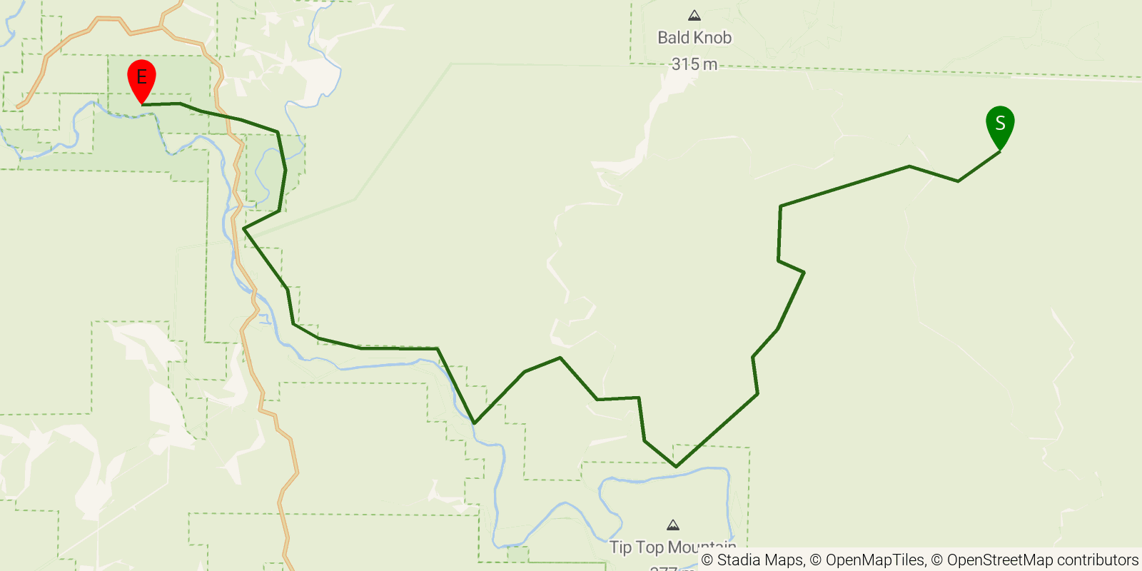 Route map of the Ozark Trail — Section Upper Current River: Upper Current River on OpenStreetMap terrain