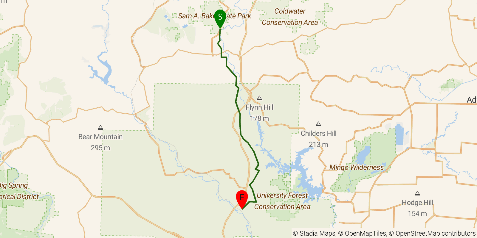 Route map of the Ozark Trail — Section Wappapello: Wappapello on OpenStreetMap terrain